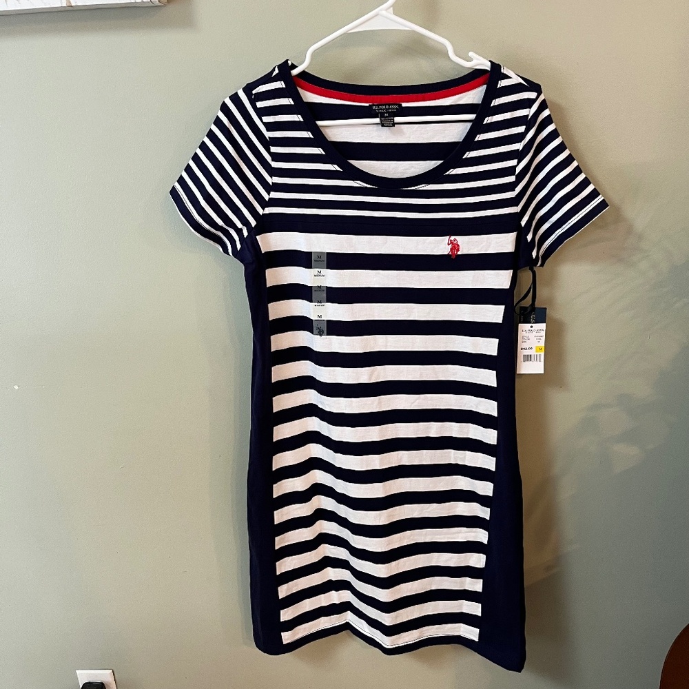 NWT/U.S. Polo Assn. Color Block Tee Shirt Dress/Navy Blue & White/Medium